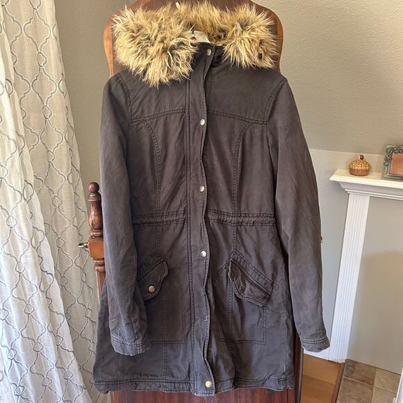 Hollister Juniors Large Sherpa Lined Heavy Coat With Hood dark gray - Picture 1 of 10